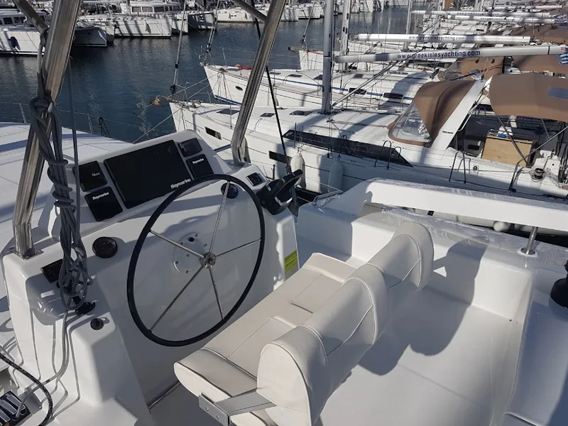 Cockpit of Albertina II, a Dufour Catamaran 48 catamaran at Athens, Greece
