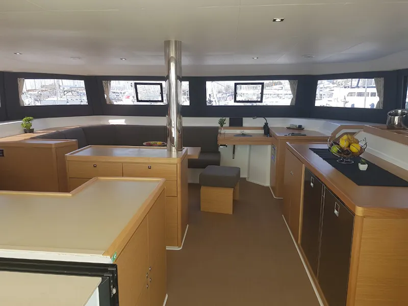Galley of Albertina II, a Dufour Catamaran 48 catamaran at Athens, Greece