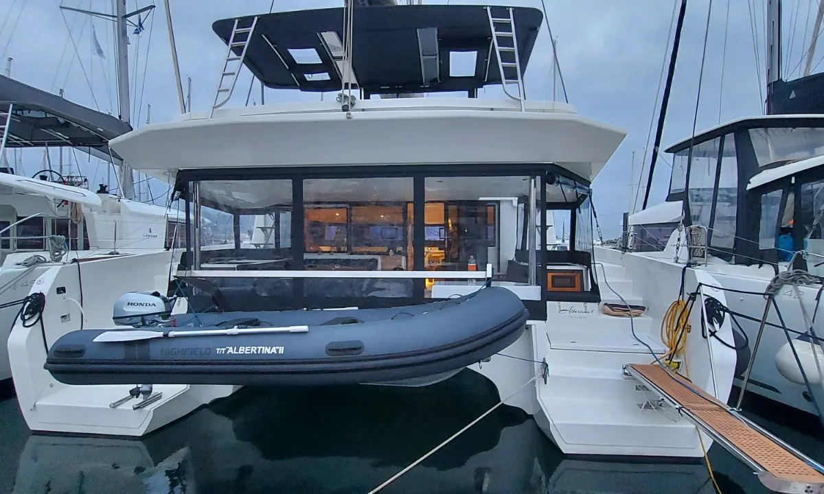 Exterior view of Albertina II, a Dufour Catamaran 48 catamaran at Athens, Greece