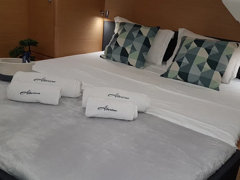 Cabin on Albertina II, a Dufour Catamaran 48 catamaran at Athens, Greece
