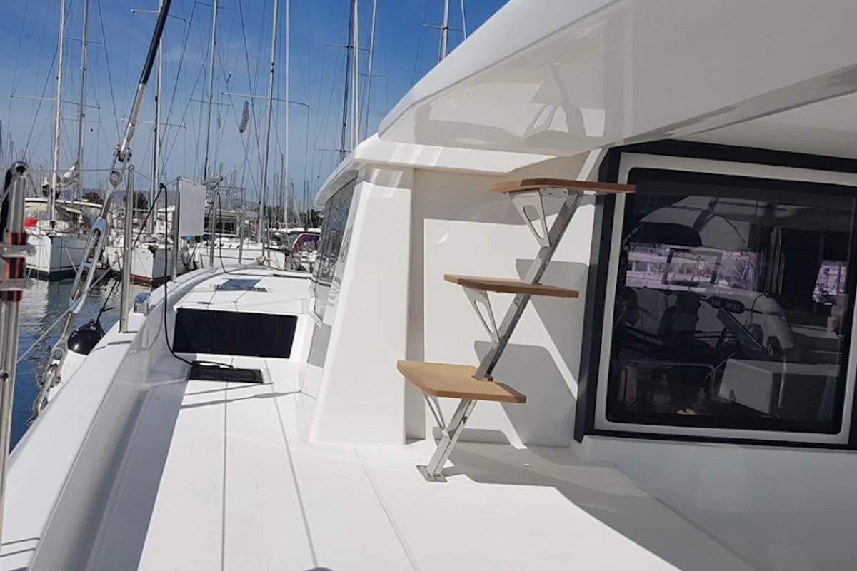 Deck of Albertina II, a Dufour Catamaran 48 catamaran at Athens, Greece