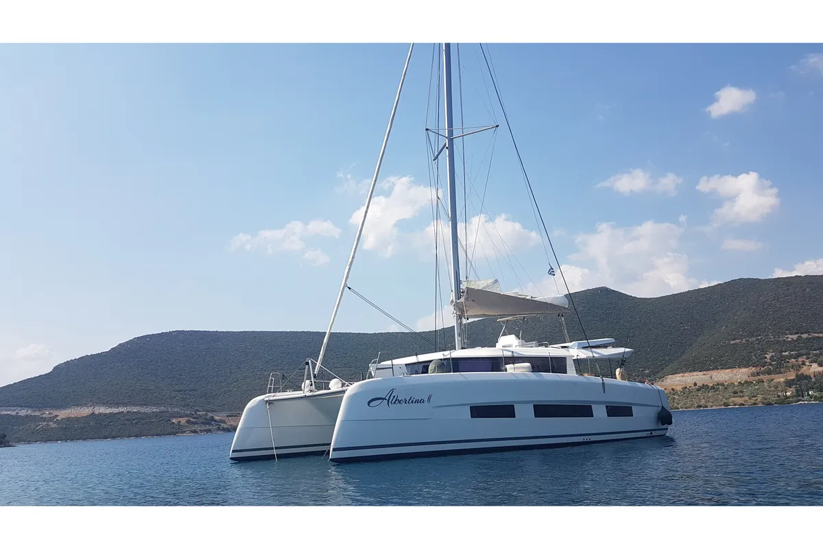 Exterior view of Albertina II, a Dufour Catamaran 48 catamaran at Athens, Greece