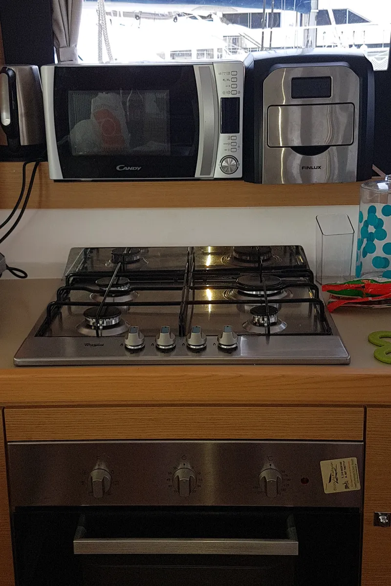 Galley of Albertina II, a Dufour Catamaran 48 catamaran at Athens, Greece