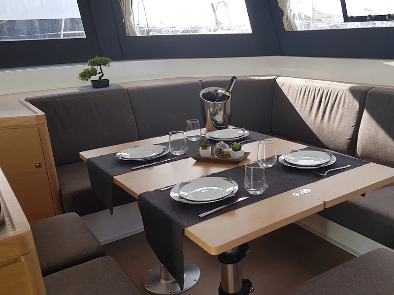 Salon of Albertina II, a Dufour Catamaran 48 catamaran at Athens, Greece