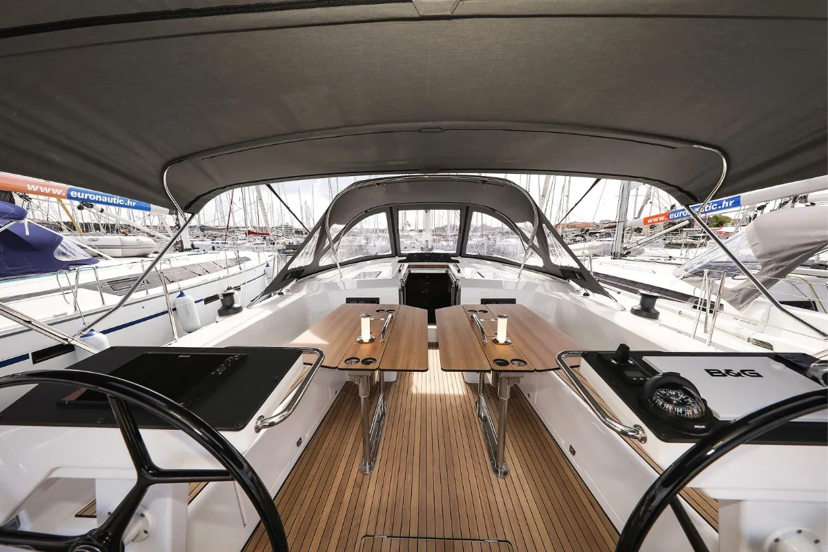 Deck of Lana, a Bavaria C46 sailboat at Pirovac, Croatia