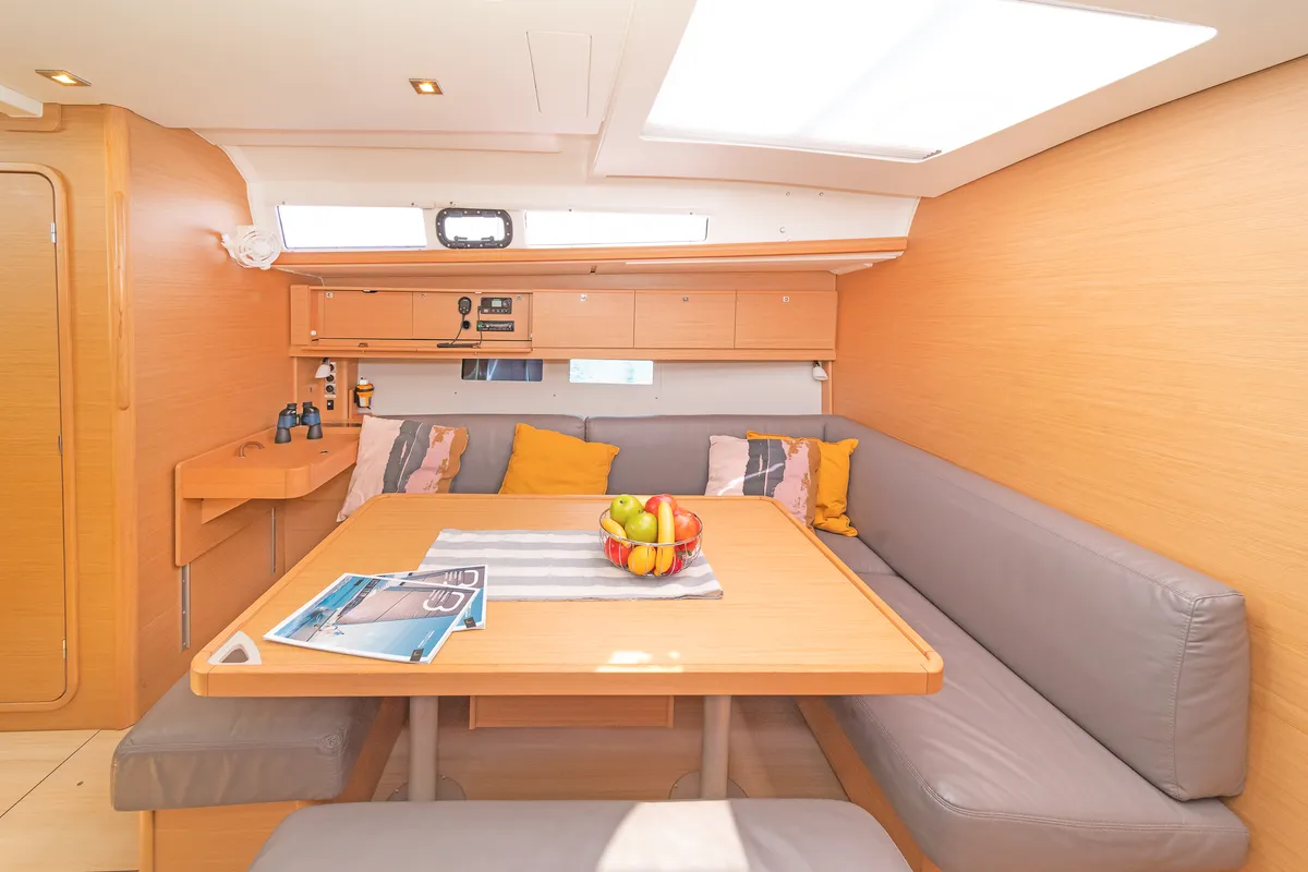 Salon of Dream Weaver, a Dufour 460 Grand Large sailboat at Municipal Unit of Lefkada, Greece