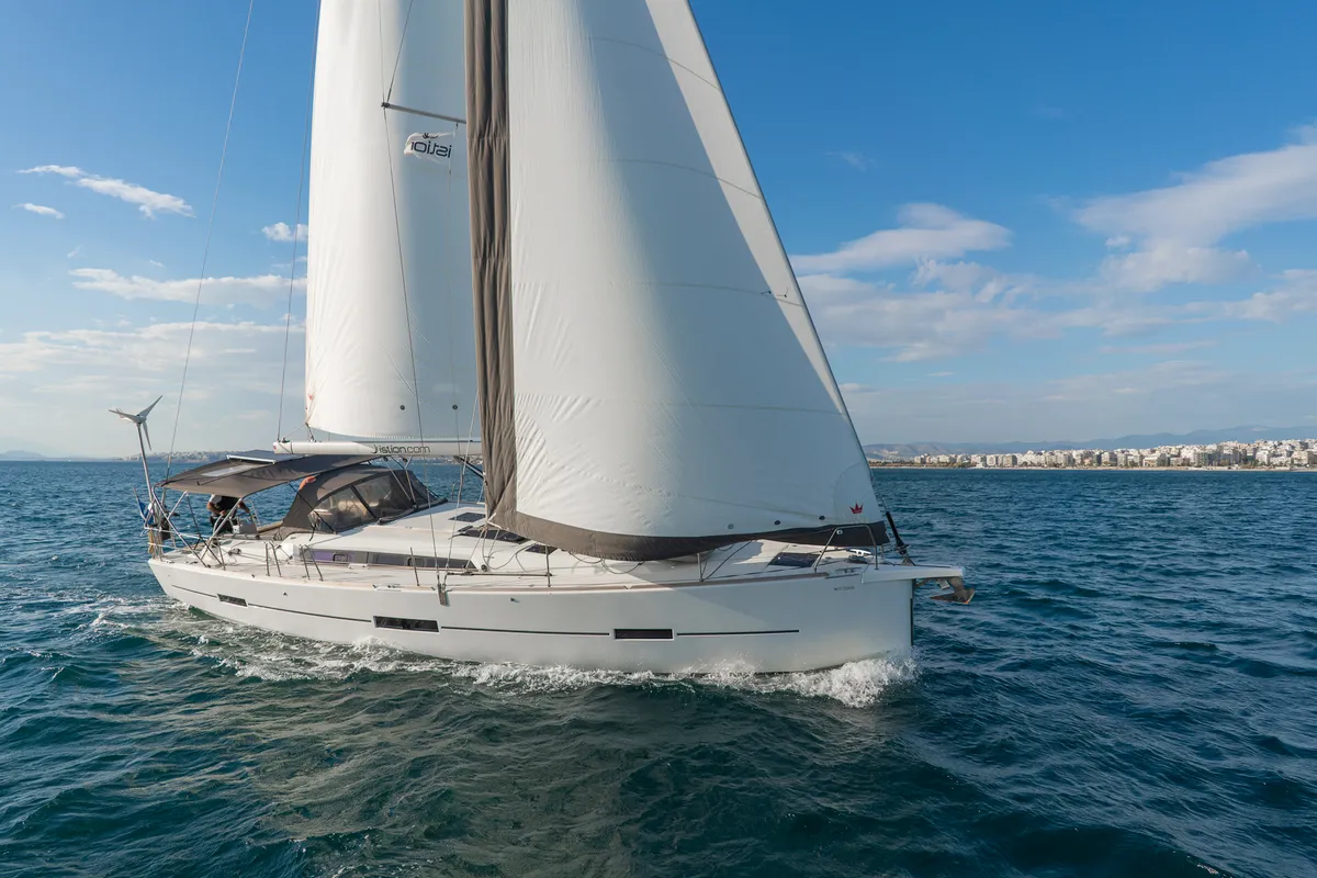 Exterior view of Dream Weaver, a Dufour 460 Grand Large sailboat at Municipal Unit of Lefkada, Greece