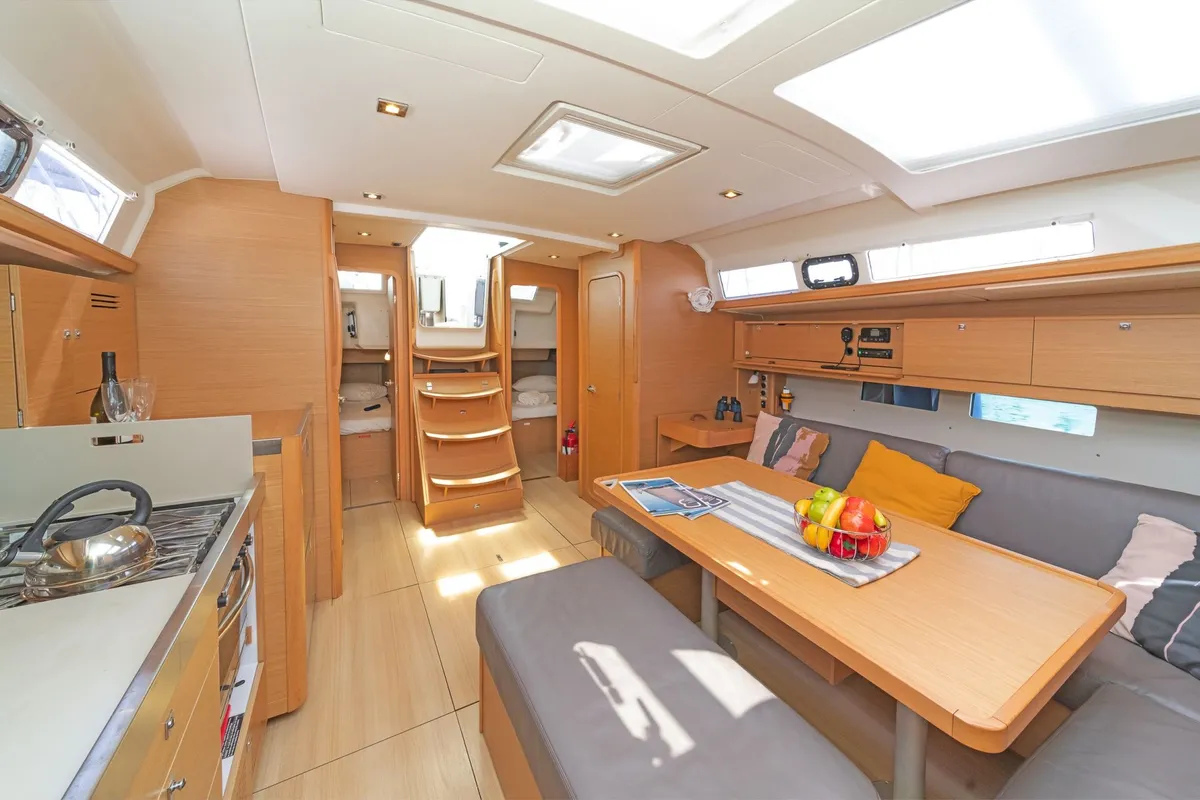 Salon of Dream Weaver, a Dufour 460 Grand Large sailboat at Municipal Unit of Lefkada, Greece