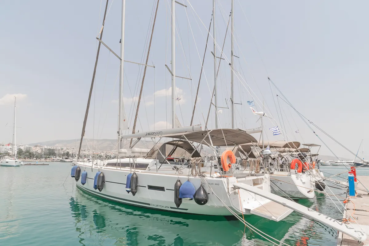 Exterior view of Dream Weaver, a Dufour 460 Grand Large sailboat at Municipal Unit of Lefkada, Greece