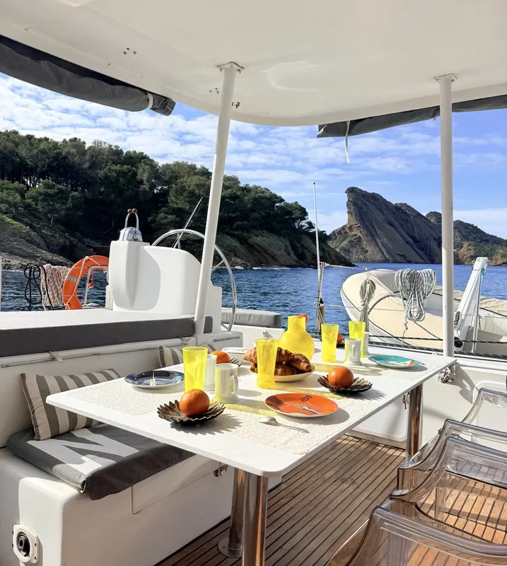 Deck of Sabine, a Lagoon 570 catamaran at La Ciotat, France