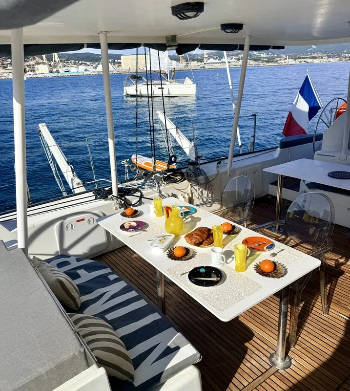 Deck of Sabine, a Lagoon 570 catamaran at La Ciotat, France