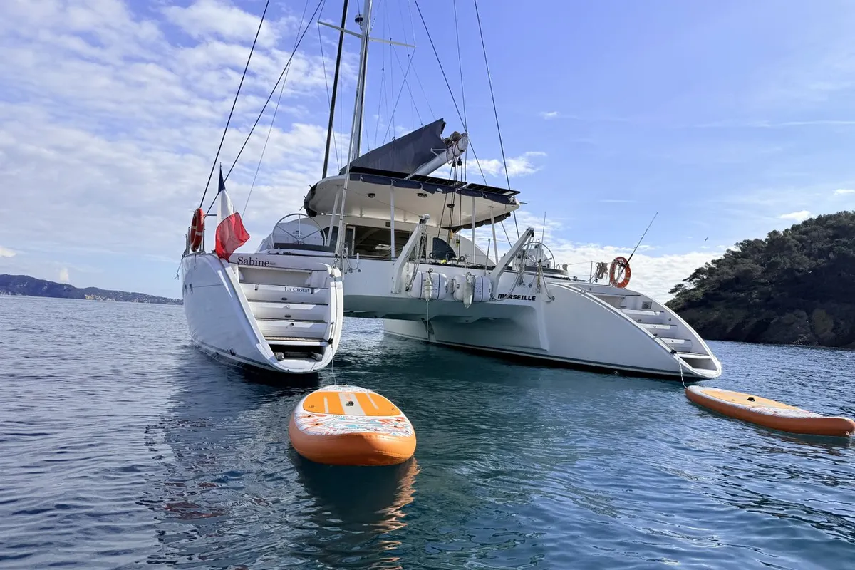 Exterior view of Sabine, a Lagoon 570 catamaran at La Ciotat, France