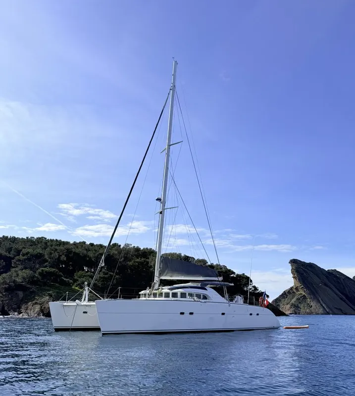Exterior view of Sabine, a Lagoon 570 catamaran at La Ciotat, France