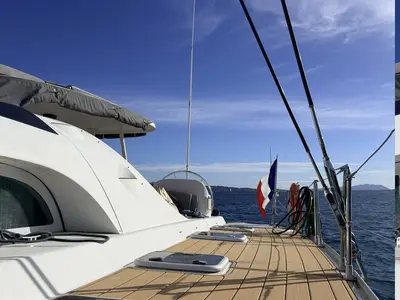 Deck of Sabine, a Lagoon 570 catamaran at La Ciotat, France