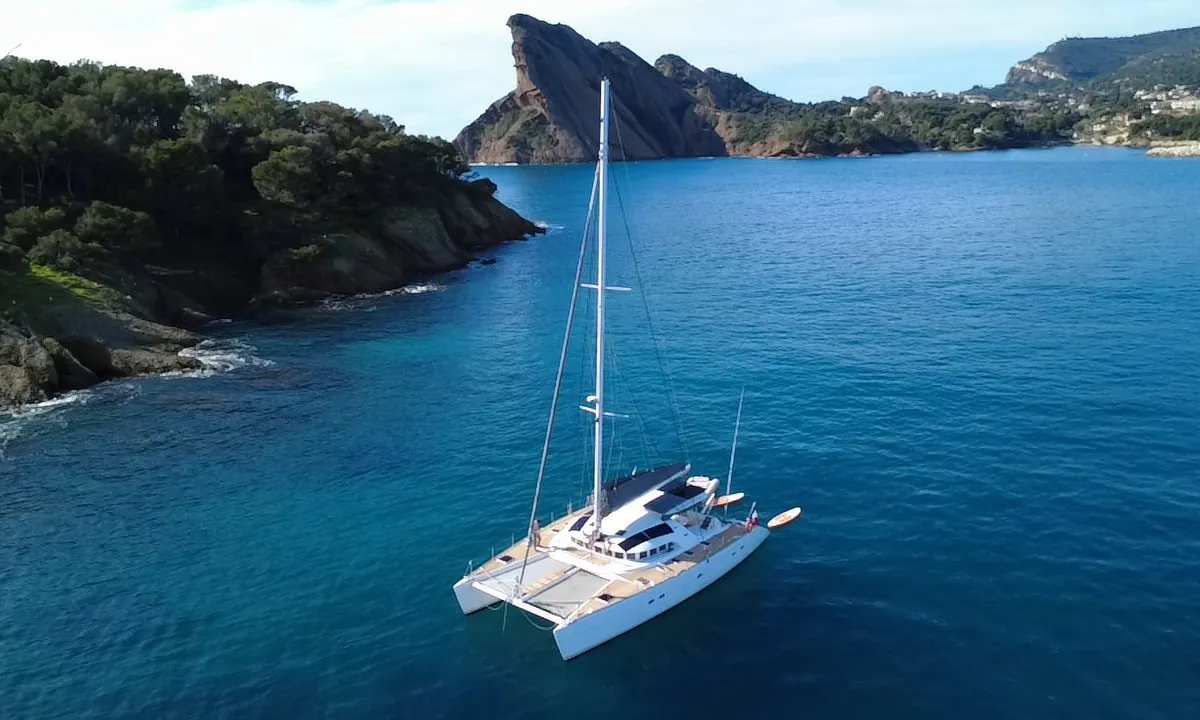 Exterior view of Sabine, a Lagoon 570 catamaran at La Ciotat, France