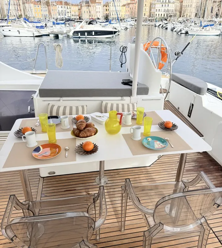 Cockpit of Sabine, a Lagoon 570 catamaran at La Ciotat, France