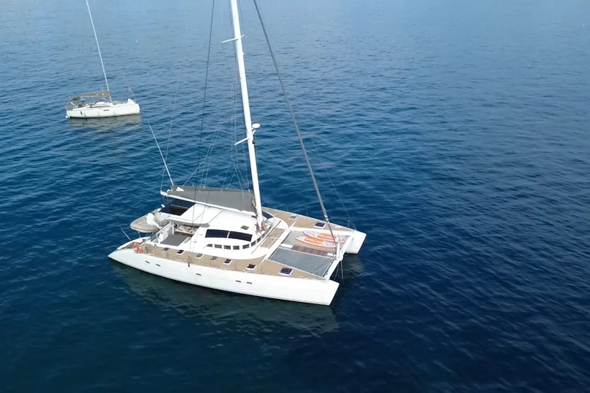 Exterior view of Sabine, a Lagoon 570 catamaran at La Ciotat, France