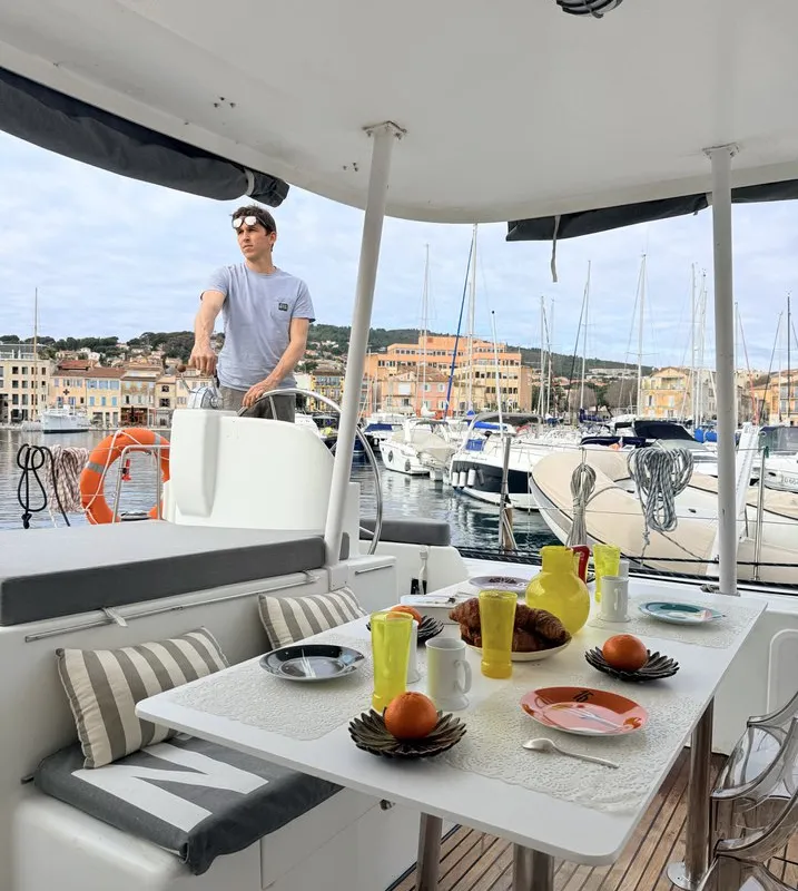 Cockpit of Sabine, a Lagoon 570 catamaran at La Ciotat, France