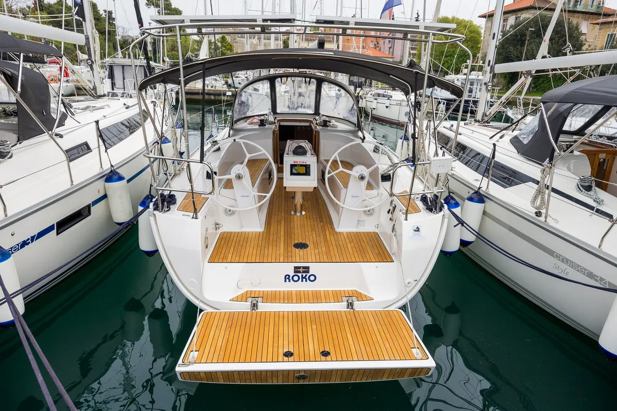Exterior view of Roko, a Bavaria Cruiser 34 Style sailboat at Zadar, Croatia
