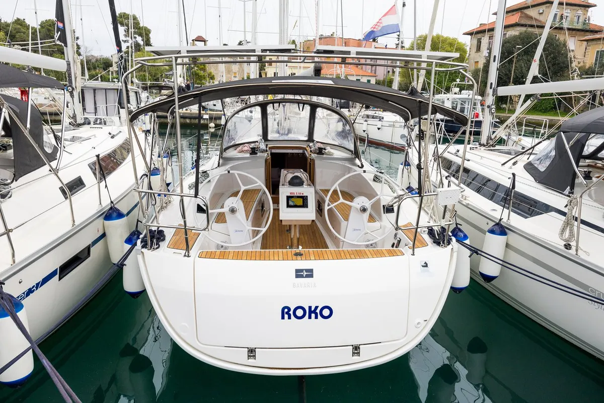 Exterior view of Roko, a Bavaria Cruiser 34 Style sailboat at Zadar, Croatia