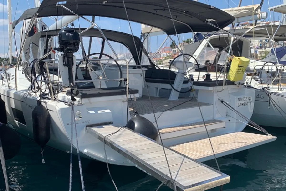 Exterior view of Serenity, a Beneteau Oceanis 46.1 sailboat at Skiathos, Greece