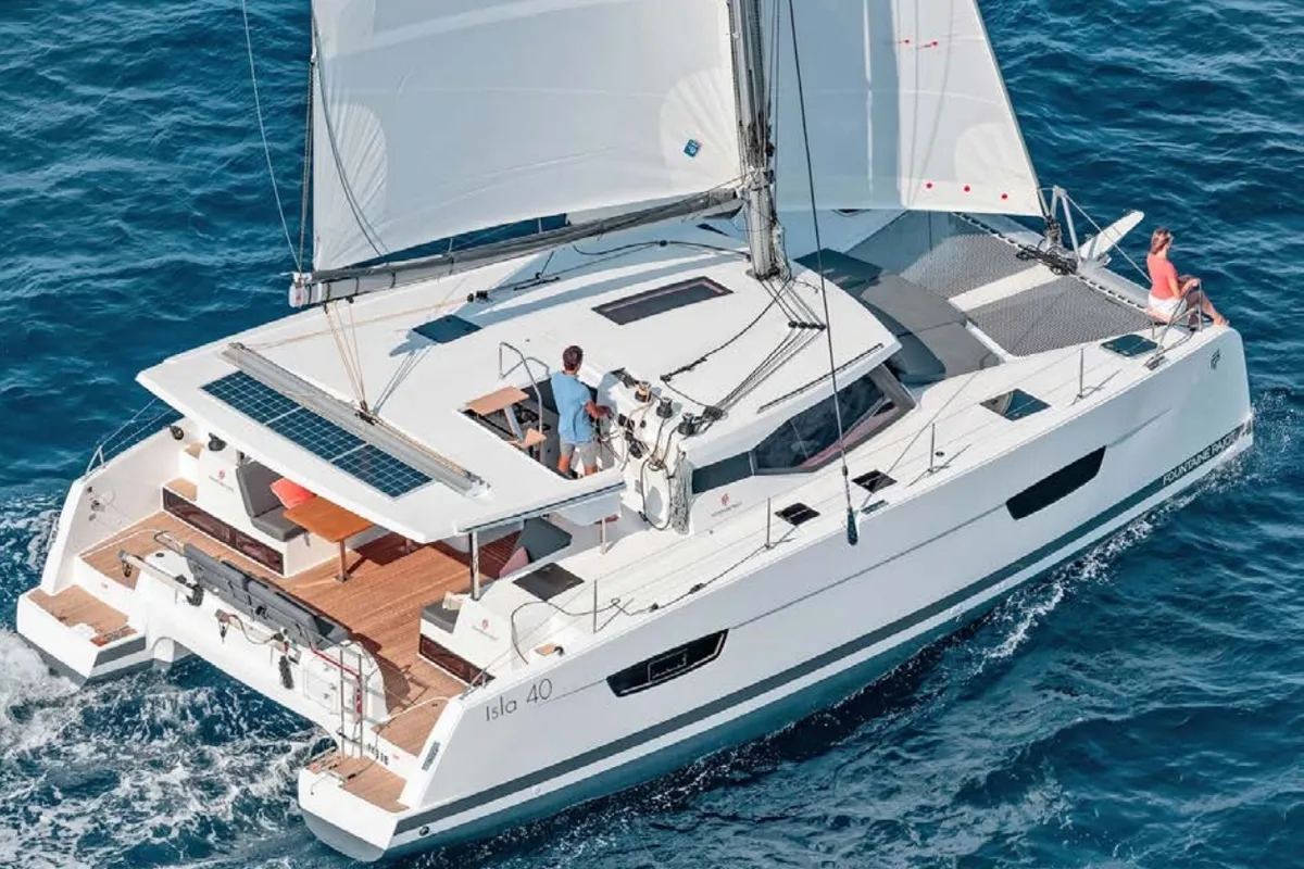 Exterior view of Kebitree, a Fountaine Pajot Isla 40 catamaran at Municipal Unit of Palairos, Greece