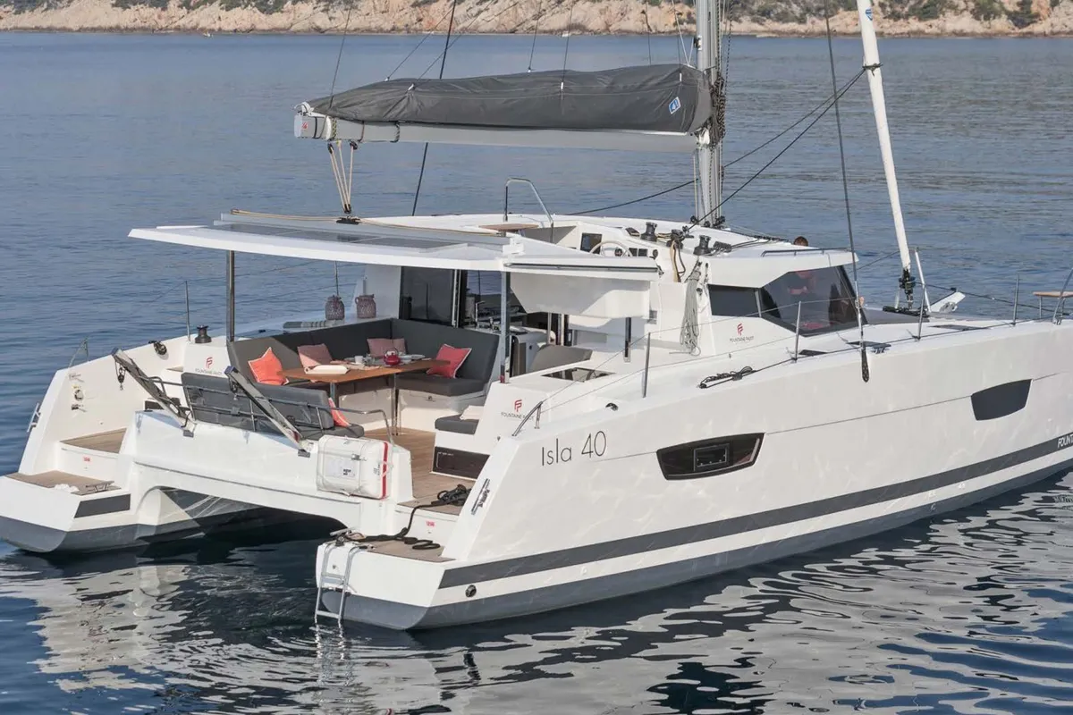 Exterior view of Kebitree, a Fountaine Pajot Isla 40 catamaran at Municipal Unit of Palairos, Greece