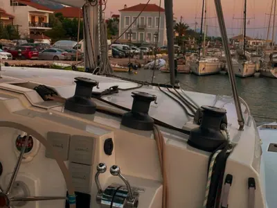 Cockpit of Kebitree, a Fountaine Pajot Isla 40 catamaran at Municipal Unit of Palairos, Greece
