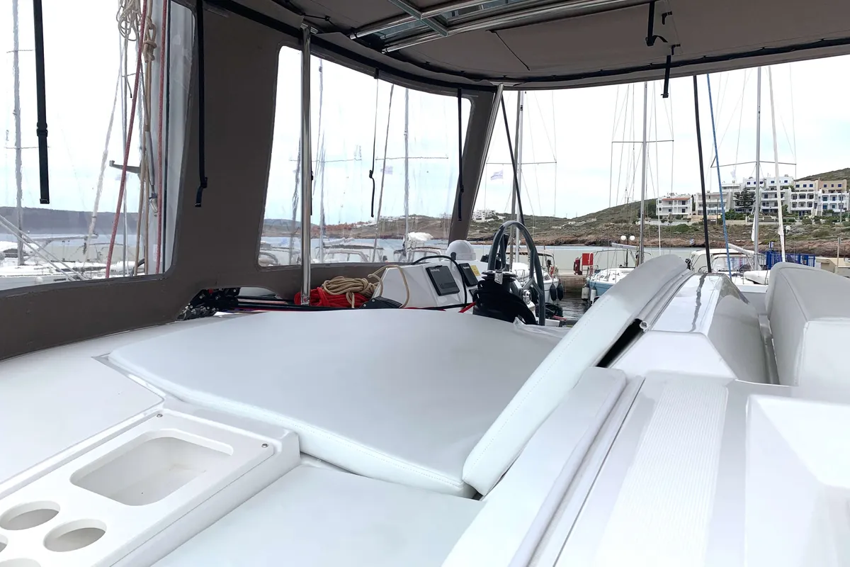 Deck of Micha, a Bali 4.1 - 4 + 2 cab.* catamaran at Lavrion, Greece