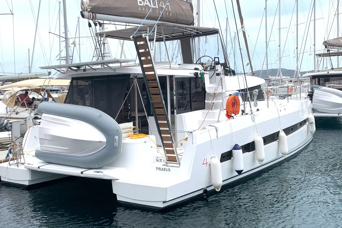 Exterior view of Micha, a Bali 4.1 - 4 + 2 cab.* catamaran at Lavrion, Greece