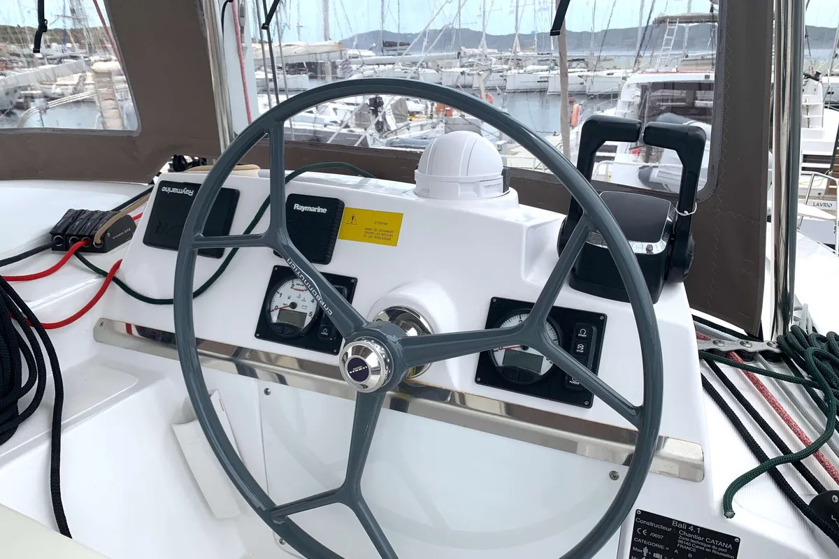 Cockpit of Micha, a Bali 4.1 - 4 + 2 cab.* catamaran at Lavrion, Greece