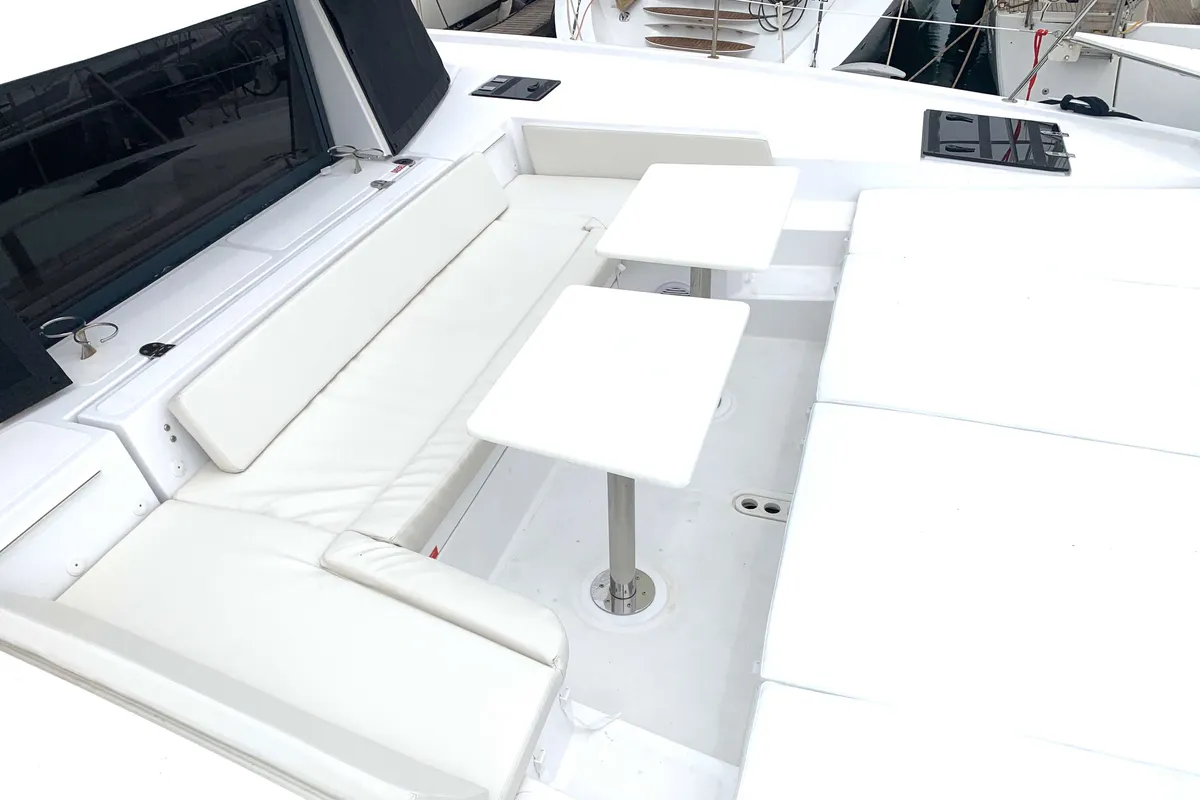 Deck of Micha, a Bali 4.1 - 4 + 2 cab.* catamaran at Lavrion, Greece