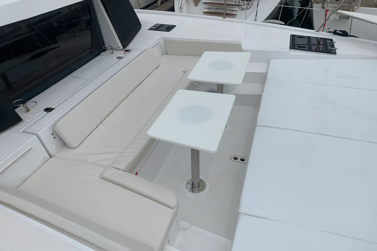 Deck of Micha, a Bali 4.1 - 4 + 2 cab.* catamaran at Lavrion, Greece