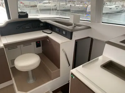 Cockpit of Micha, a Bali 4.1 - 4 + 2 cab.* catamaran at Lavrion, Greece