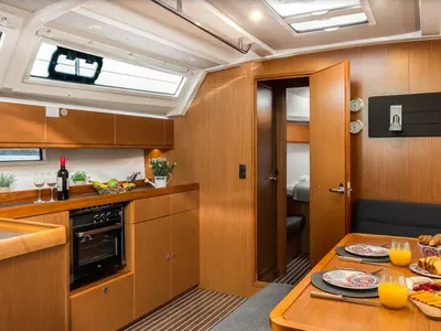Galley of Dolce Vita, a Bavaria Cruiser 46 sailboat at Kontokali, Greece