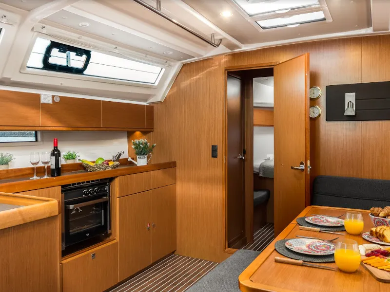 Galley of Dolce Vita, a Bavaria Cruiser 46 sailboat at Kontokali, Greece