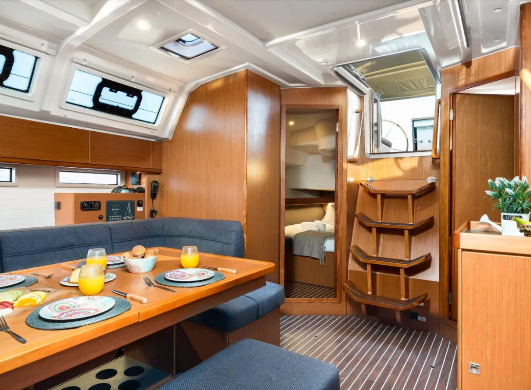 Salon of Dolce Vita, a Bavaria Cruiser 46 sailboat at Kontokali, Greece