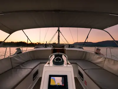 Cockpit of Dolce Vita, a Bavaria Cruiser 46 sailboat at Kontokali, Greece