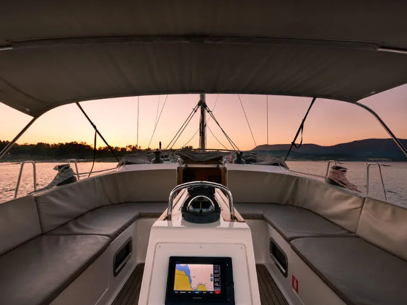 Cockpit of Dolce Vita, a Bavaria Cruiser 46 sailboat at Kontokali, Greece