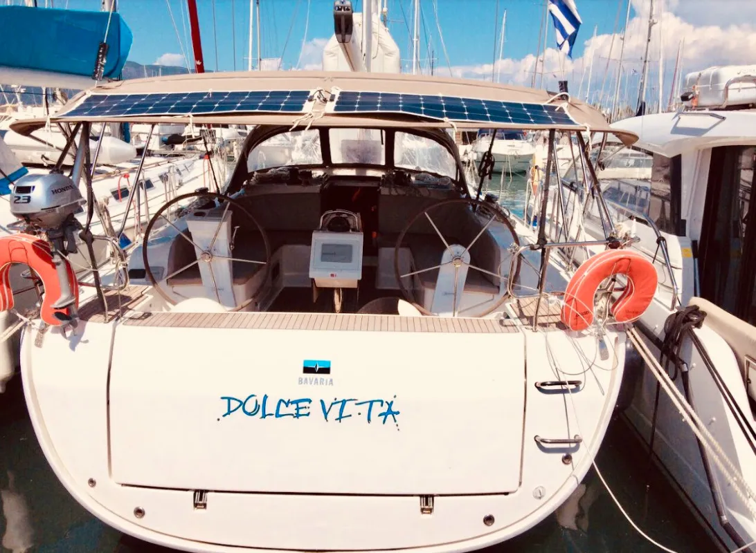 Exterior view of Dolce Vita, a Bavaria Cruiser 46 sailboat at Kontokali, Greece