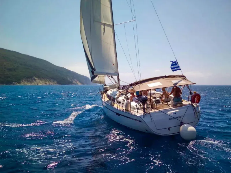 Exterior view of Thunderbird 1, a Bavaria 41 sailboat at Sikyona, Greece