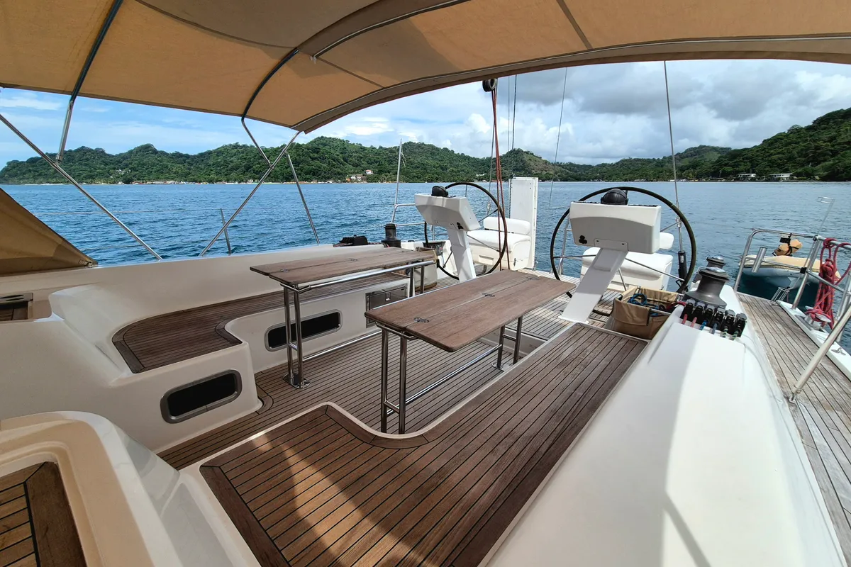 Deck of Sailing Freedom, a Hanse 630e sailboat at Puerto Lindo, Panama