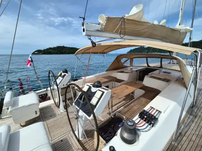 Cockpit of Sailing Freedom, a Hanse 630e sailboat at Puerto Lindo, Panama