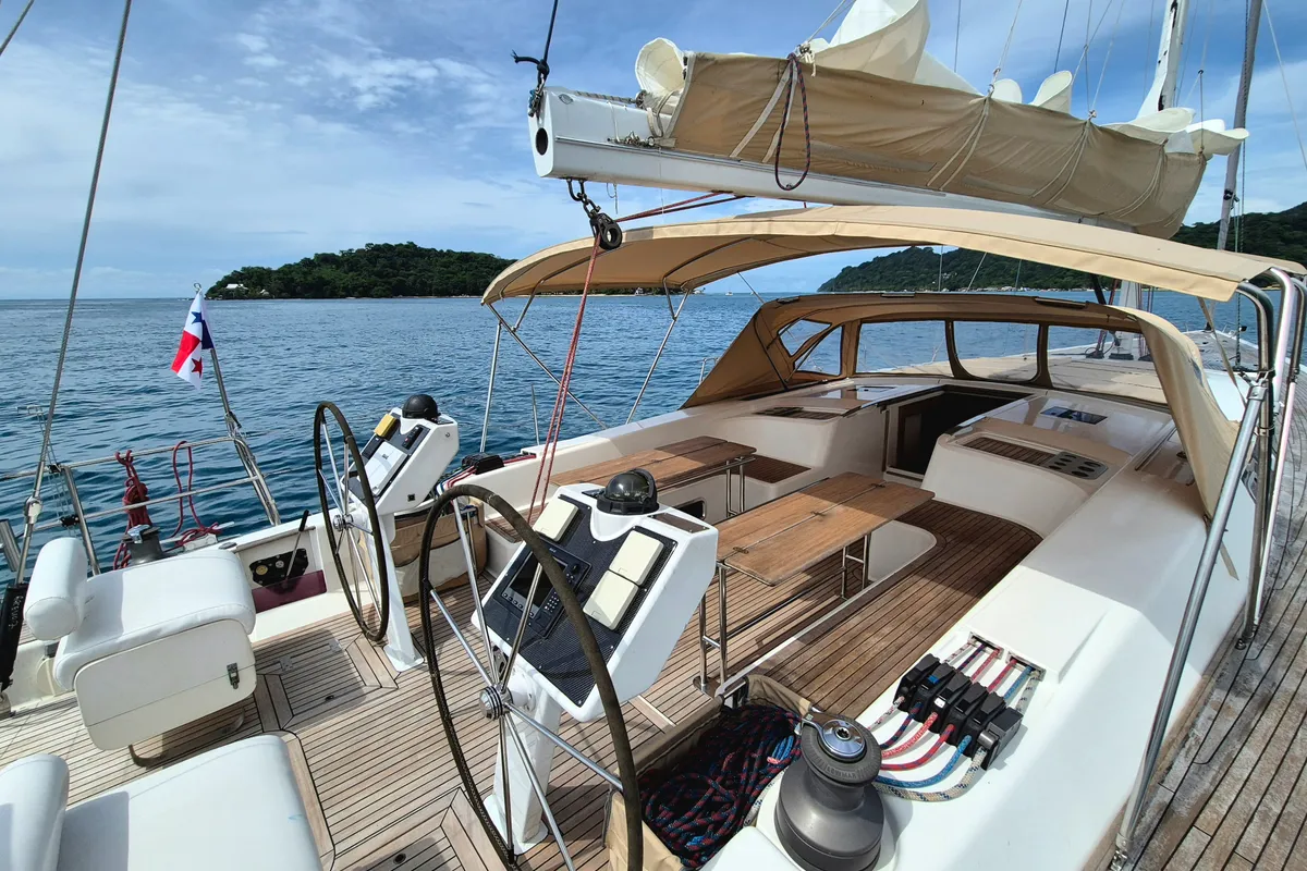 Cockpit of Sailing Freedom, a Hanse 630e sailboat at Puerto Lindo, Panama