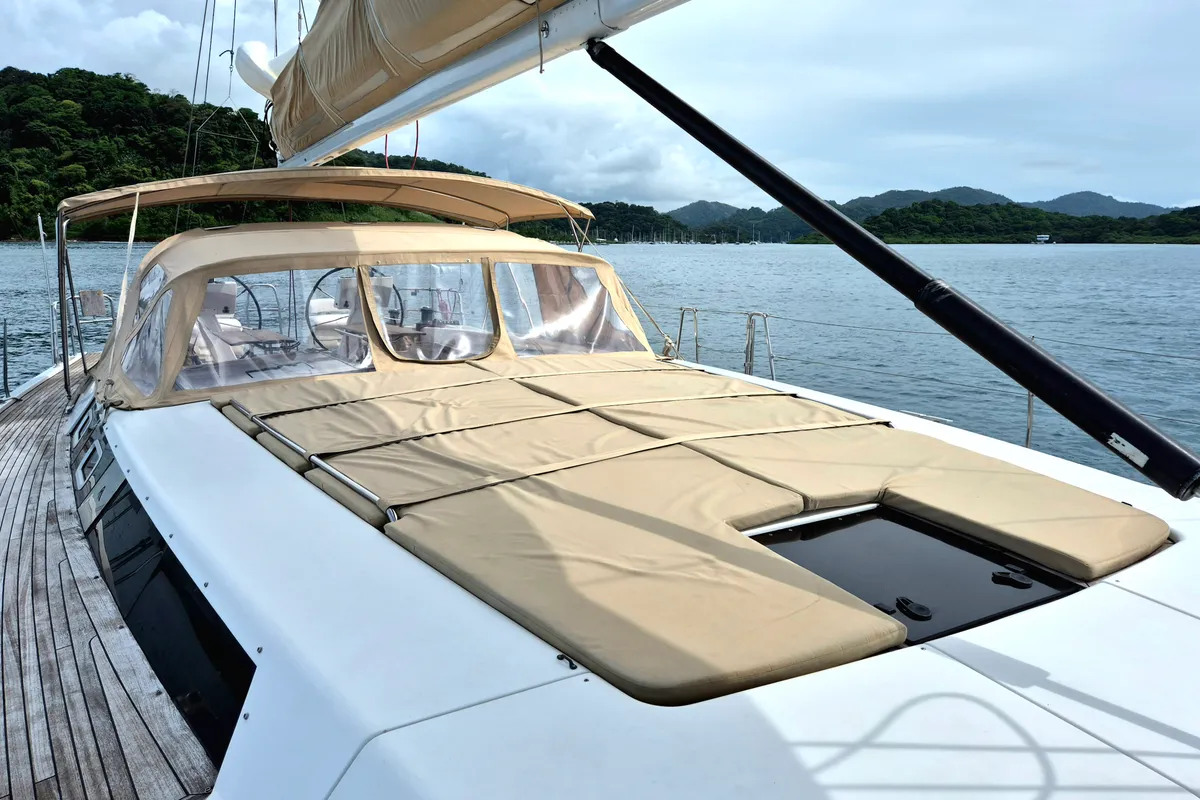 Deck of Sailing Freedom, a Hanse 630e sailboat at Puerto Lindo, Panama
