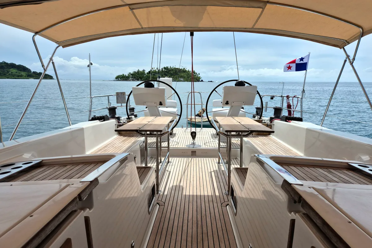 Cockpit of Sailing Freedom, a Hanse 630e sailboat at Puerto Lindo, Panama