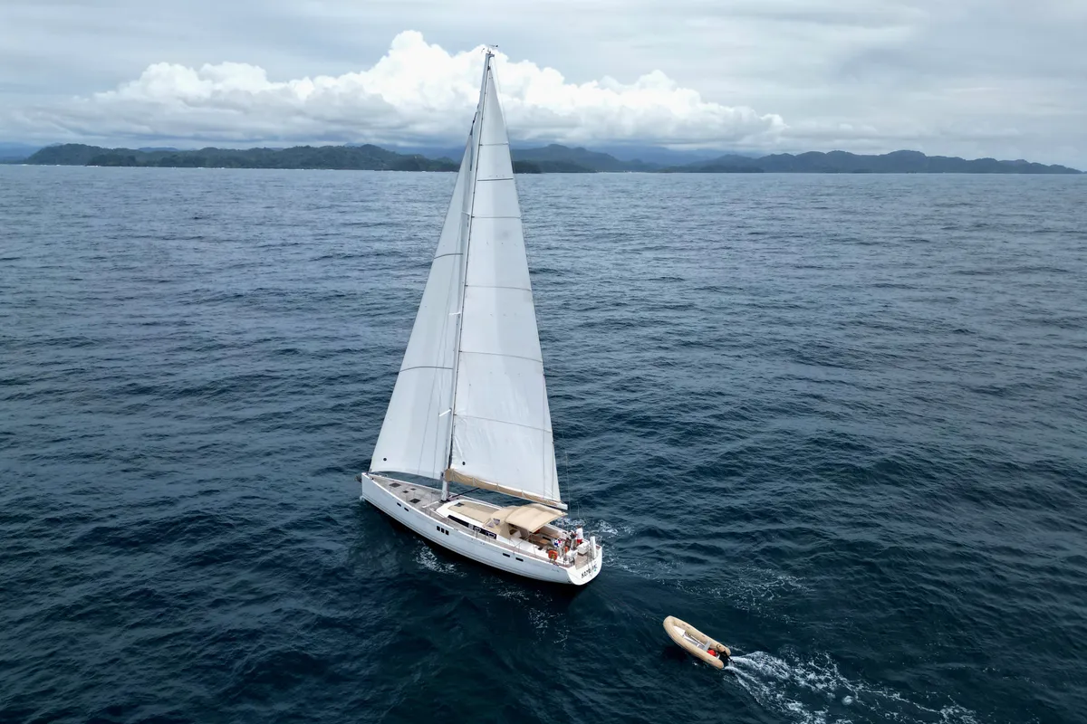 Exterior view of Sailing Freedom, a Hanse 630e sailboat at Puerto Lindo, Panama