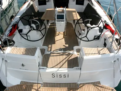 Cockpit of Sissi, a Jeanneau Sun Odyssey 389 sailboat at Punat, Croatia