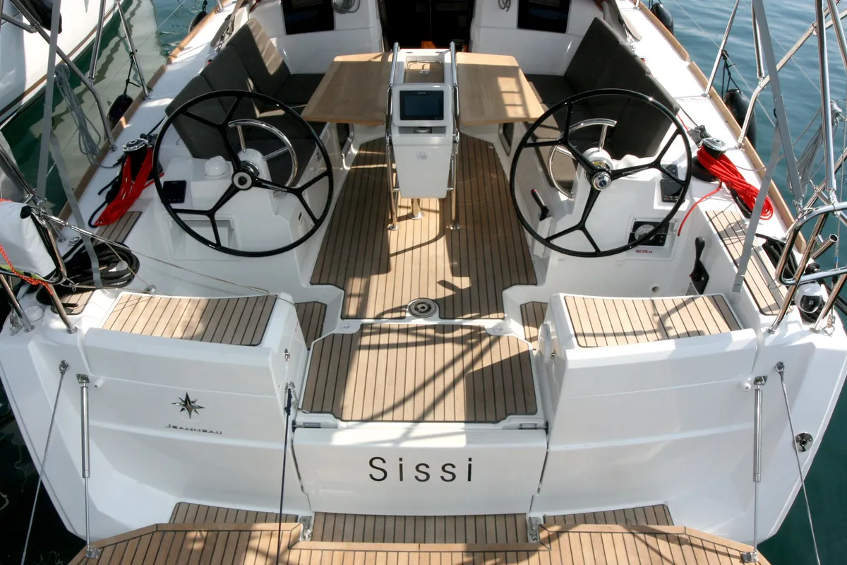 Cockpit of Sissi, a Jeanneau Sun Odyssey 389 sailboat at Punat, Croatia
