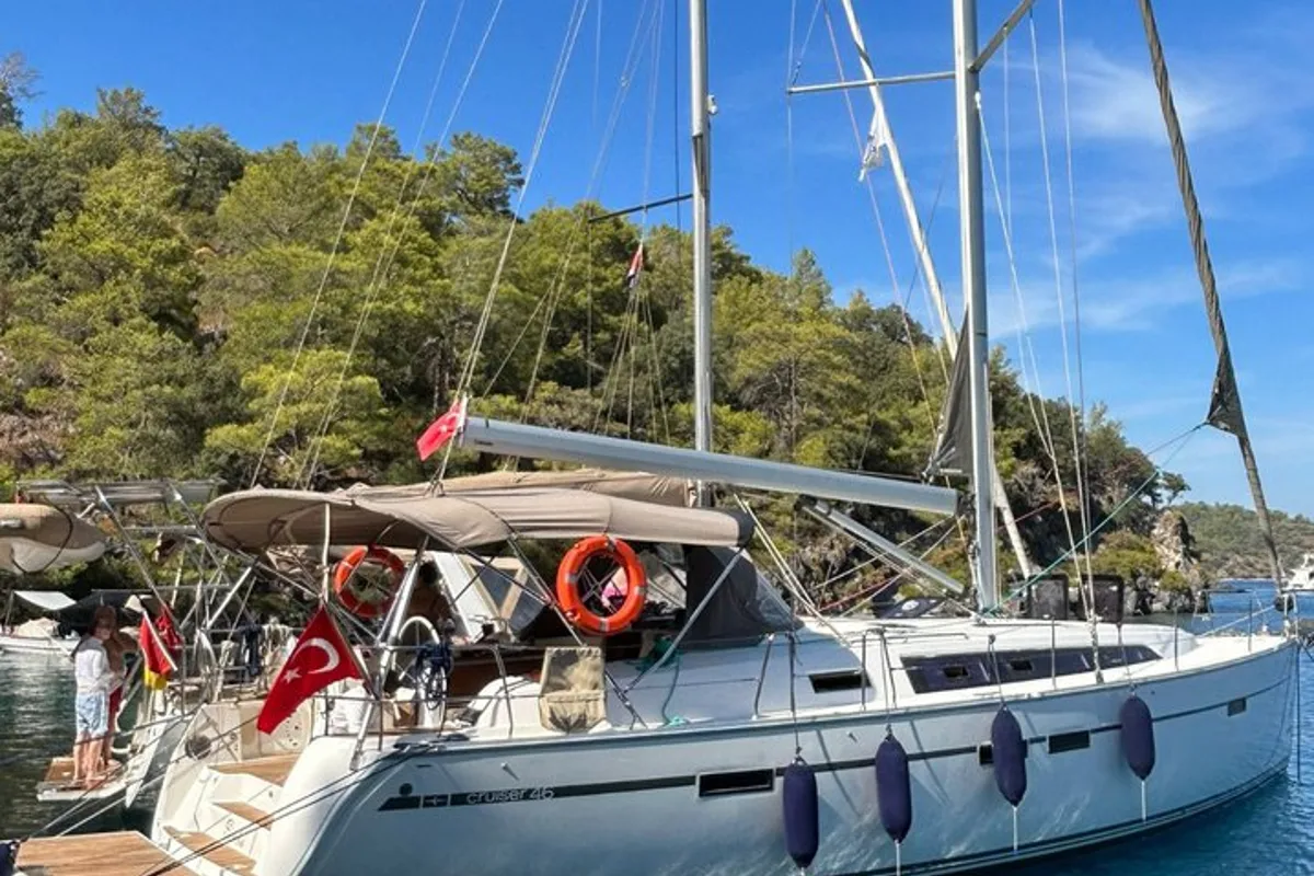 Exterior view of Simba, a Bavaria Cruiser 46 sailboat at Fethiye, Turkey